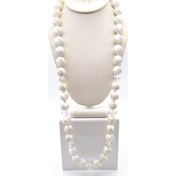 Chunky White Long Beaded Necklace, Faceted Vintage Lucite Beads with Clear Resin - Picture 1 of 3